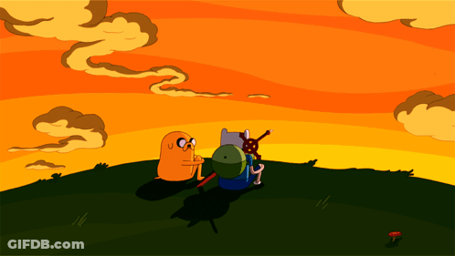 Two Cartoon Characters Looking At The Sunset With Smoke Coming Out Of The Clouds GIF