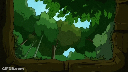 Two Cartoon Characters Looking Out Of Tree Trunk GIF