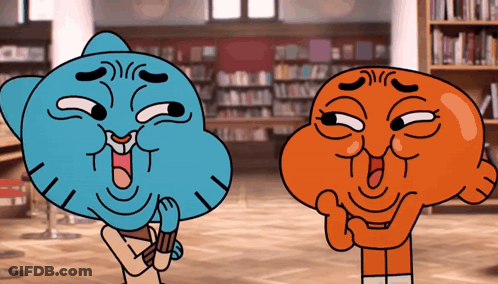 Two Cartoon Characters Making Funny Faces In Library GIF