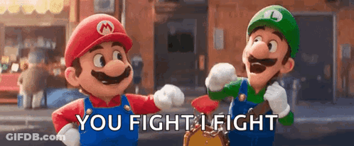 Two Cartoon Characters , Mario And Luigi , Are Standing Next To Each Other . GIF