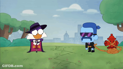 Two Cartoon Characters Next To Fire Hydrant In Park GIF