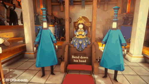 Two Cartoon Characters Next To Throne Saying Bend Down His Head GIF