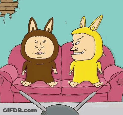 Two Cartoon Characters On Pink Couch One With Bunny Ears GIF