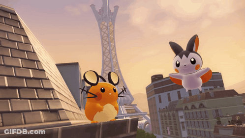 Two Cartoon Characters On Rooftop In Front Of Tower GIF