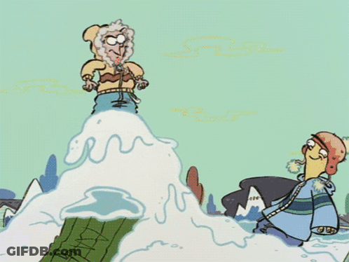Two Cartoon Characters On Snowy Mountain GIF
