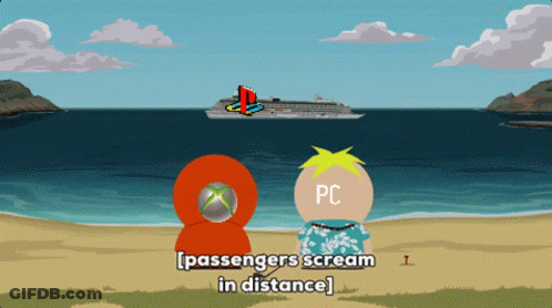 Two Cartoon Characters On The Beach With The Words Passengers Scream In Distance GIF
