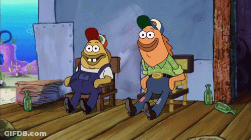 Two Cartoon Characters One Of Whom Is Wearing A Green Shirt That Says ' Spongebob ' GIF
