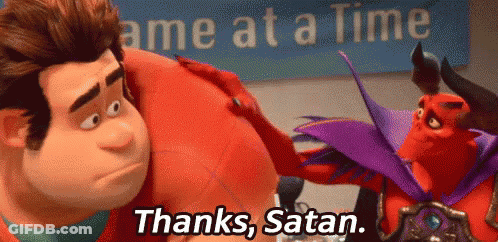Two Cartoon Characters One Saying Thanks Satan GIF