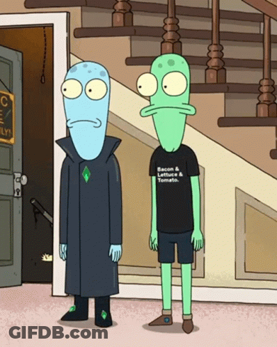 Two Cartoon Characters One Wearing Bacon And Tomato Shirt GIF