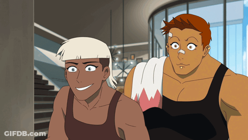 Two Cartoon Characters One With A Towel Around His Neck GIF