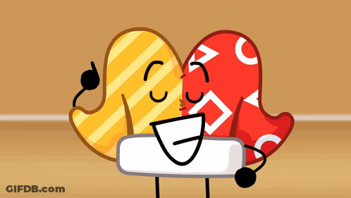 Two Cartoon Characters One Yellow And One Red Kissing GIF