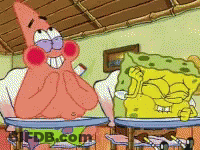 Two Cartoon Characters Patrick And Spongebob Are Sitting At A Table GIF