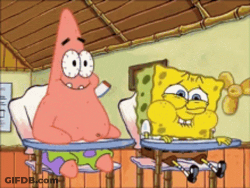 Two Cartoon Characters Patrick And Spongebob Are Sitting At Desks In A Classroom GIF