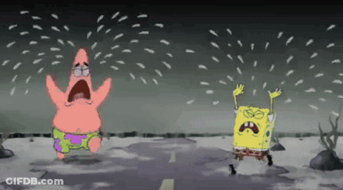 Two Cartoon Characters Patrick And Spongebob Are Standing Next To Each Other In The Rain GIF