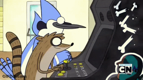 Two Cartoon Characters Playing Arcade Game With CN GIF