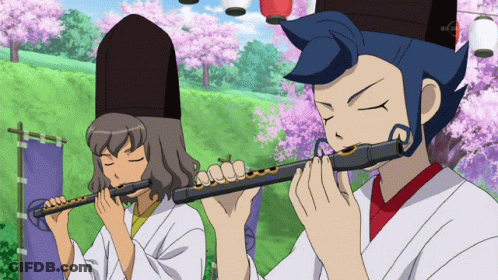 Two Cartoon Characters Playing Flutes Under Cherry Blossoms GIF