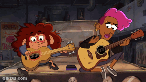 Two Cartoon Characters Playing Guitars In Front Of Coca Cola Sign GIF