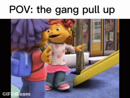Two Cartoon Characters POV The Gang Pull Up GIF