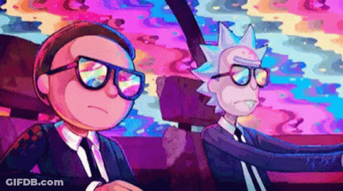 Two Cartoon Characters , Rick And Morty , Are Sitting In A Car With A Colorful Background . GIF