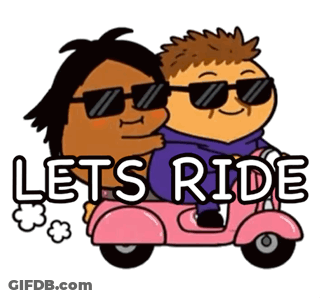 Two Cartoon Characters Riding Pink Scooter Let's Ride GIF