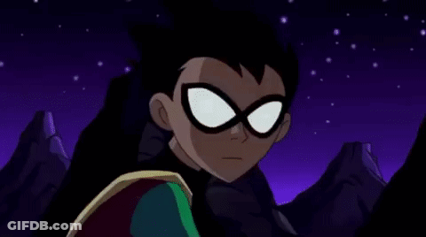 Two Cartoon Characters , Robin And Batman , Are Standing Next To Each Other And Talking To Each Other . GIF