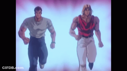 Two Cartoon Characters Running On Purple Background GIF