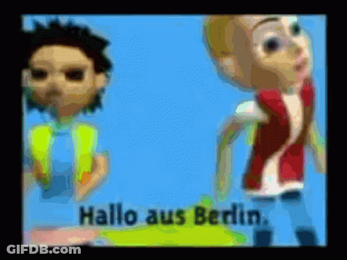 Two Cartoon Characters Saying Hallo Aus Berlin GIF
