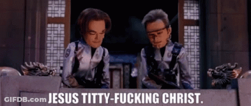 Two Cartoon Characters Saying Jesus Titty Fucking Christ GIF