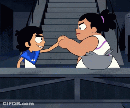 Two Cartoon Characters Shaking Hands One Holding Bowl GIF