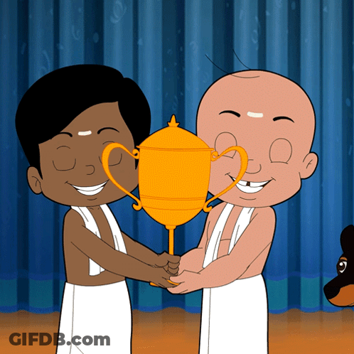 Two Cartoon Characters Shaking Hands While Holding A Gold Trophy GIF