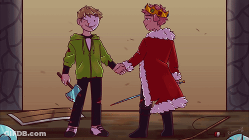Two Cartoon Characters Shaking Hands With One Holding An Axe And One Holding A Sword GIF