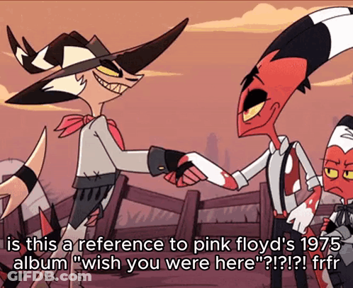 Two Cartoon Characters Shaking Hands With The Caption Is This A Reference To Pink Floyd 'S 1975 Album " Wish You Were He GIF