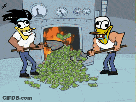 Two Cartoon Characters Shoveling Money Into A Fire With The Letter B On The Bottom Right GIF