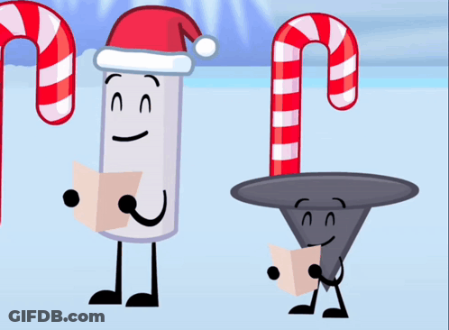 Two Cartoon Characters Singing Christmas Carols In Santa Hats GIF