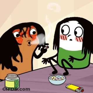 Two Cartoon Characters Sitting At A Table With A Bowl Of Candy And A Jar Of Green Beans GIF