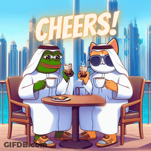 Two Cartoon Characters Sitting At A Table With Cheers Written On The Top GIF