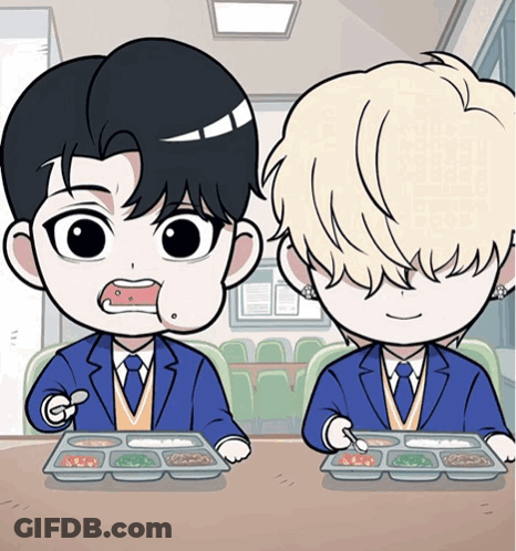 Two Cartoon Characters Sitting At Table GIF