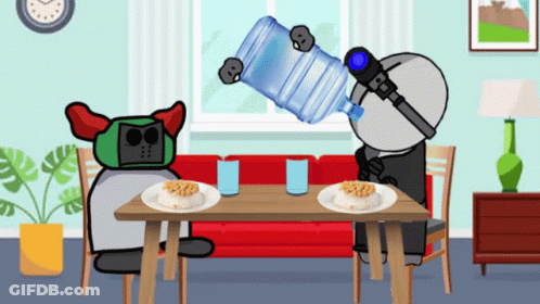 Two Cartoon Characters Sitting At Table With Food And Water GIF