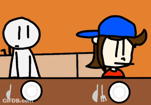 Two Cartoon Characters Sitting At Table With Plates GIF