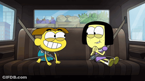 Two Cartoon Characters Sitting In Back Of Car GIF