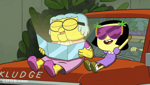 Two Cartoon Characters Sitting Kludge Truck GIF