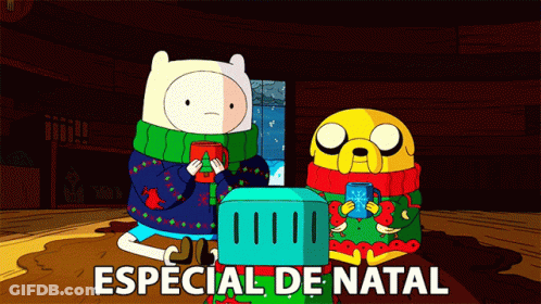 Two Cartoon Characters Sitting Next To Each Other With The Words Especial De Natal In White Letters GIF