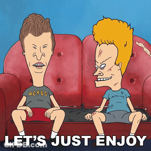 Two Cartoon Characters Sitting On A Red Couch With The Words Let 'S Just Enjoy GIF