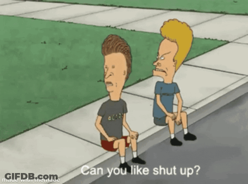 Two Cartoon Characters Sitting On A Sidewalk With The Words " Can You Like Shut Up " Below Them GIF