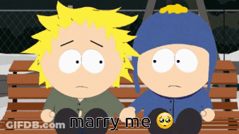 Two Cartoon Characters Sitting On Bench Saying Marry Me GIF