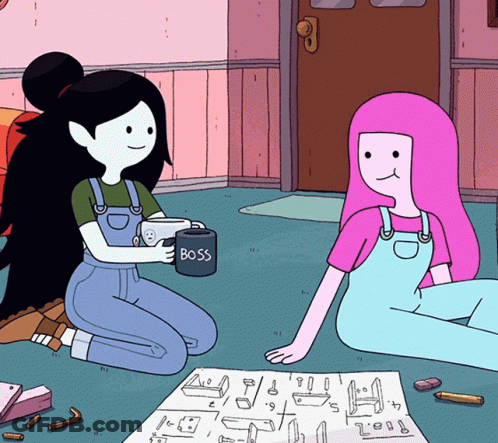 Two Cartoon Characters Sitting On The Floor One Holding A Mug That Says Boss GIF