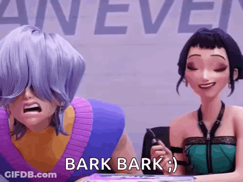 Two Cartoon Characters Sitting, One Saying Bark Bark GIF