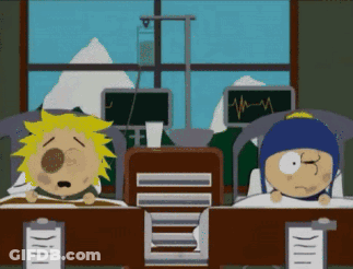 Two Cartoon Characters Sitting Table With Clipboard Monitor GIF