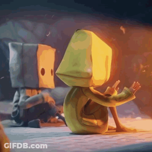 Two Cartoon Characters Sitting With Cardboard Boxes On Heads GIF