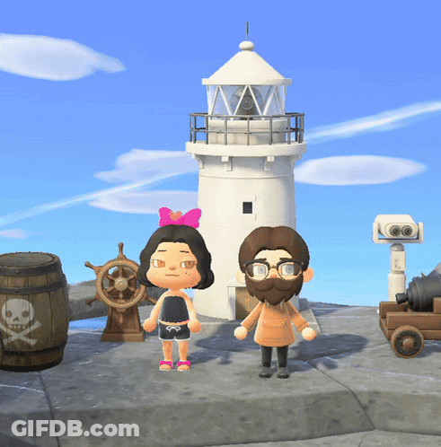 Two Cartoon Characters Stand In Front Of A Lighthouse GIF